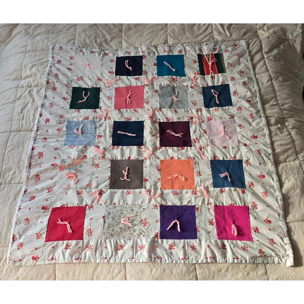 Handmade Child Tie Quilt 43"x39" Patchwork Square Blanket Pink Gingham Back